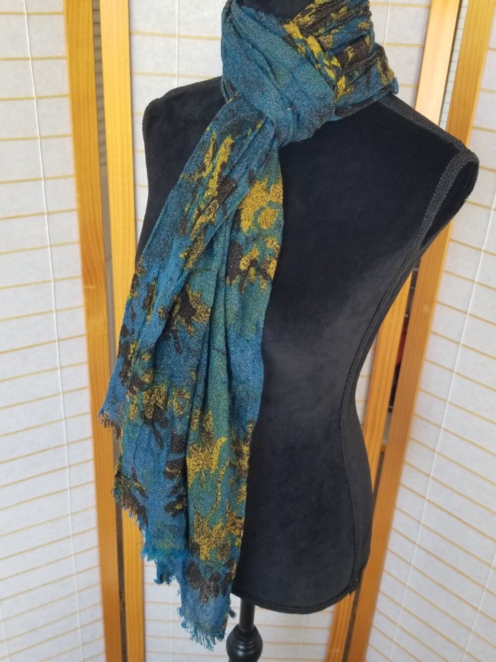 Ann Taylor Blue Scarf Night Sky Black Gold Accents Rectangular Wool Blend Long
